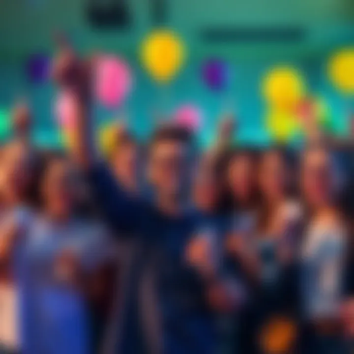 A group of excited people celebrating after winning prizes during Trey Day. They are holding tickets and smiling, with colorful balloons in the background.