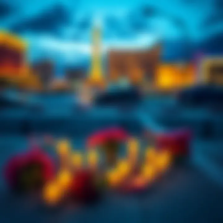 Memorial setup with candles and flowers for Aquarius 'Q' Wilkinson, surrounded by Las Vegas skyline at night