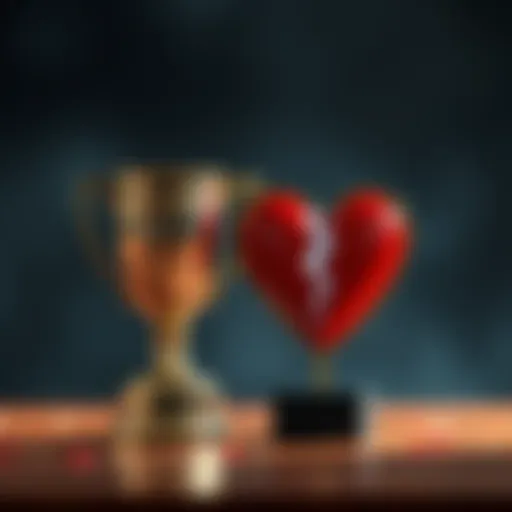 A trophy beside a broken heart symbol, representing the impact of excessive winning on relationships and mental health.