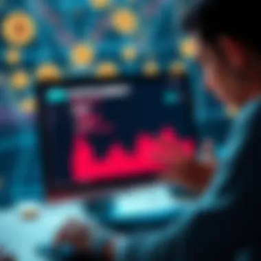 A person looking frustrated at a computer screen while trying to send cryptocurrency, with digital coins visible in the background.