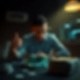 A man sitting alone in a dimly lit room, looking worried, with a pile of bills on the table.