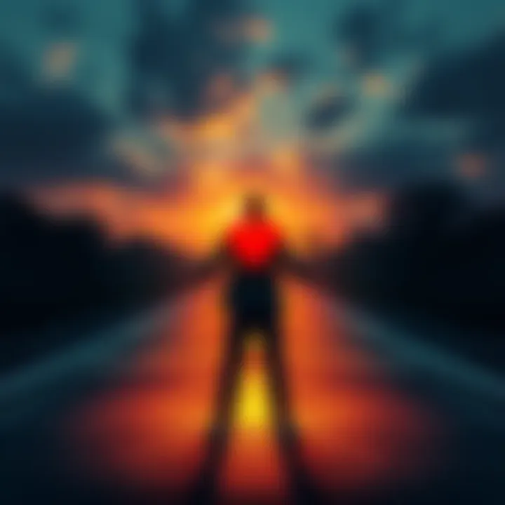 A person standing at a crossroads, looking uncertain while holding a heart symbol in one hand and a question mark in the other.