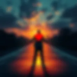 Trust in Relationships A person standing at a crossroads, looking uncertain while holding a heart symbol in one hand and a question mark in the other.