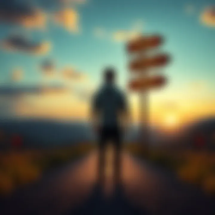 A person standing at a crossroads, contemplating a choice with signs pointing in different directions, symbolizing intuition and luck in decision-making.