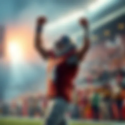 Tucker raises his arms in celebration after scoring a touchdown, surrounded by cheering fans.