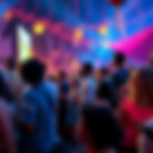 A vibrant scene of people enjoying various activities during a lively Tuesday night event, filled with laughter and excitement.