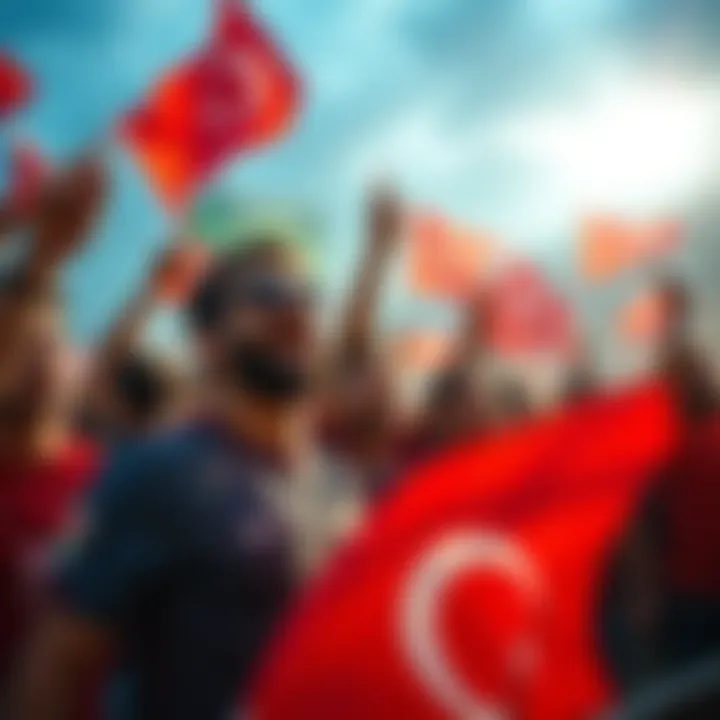 People celebrating football in Turkey A lively scene of Turkish fans wearing team jerseys and waving flags while celebrating a football match.