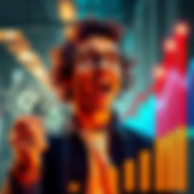 A person looking excited while holding a dollar bill and a chart showing rising profits