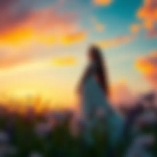 A princess stands gracefully in a sunset field, surrounded by blooming flowers and a vibrant sky, embodying beauty and peace.