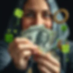 A person holding two dollars with a hopeful expression, surrounded by playful symbols of luck like a four-leaf clover and a horseshoe