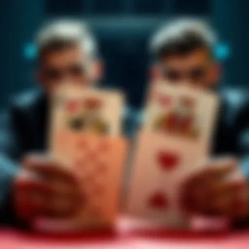 Two players sitting side by side, each holding the Queen of Spades and King of Hearts from a deck of cards.