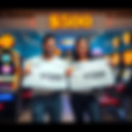 Two happy winners in a store, each holding a $500 check, celebrating their luck with two different slot machines in the background