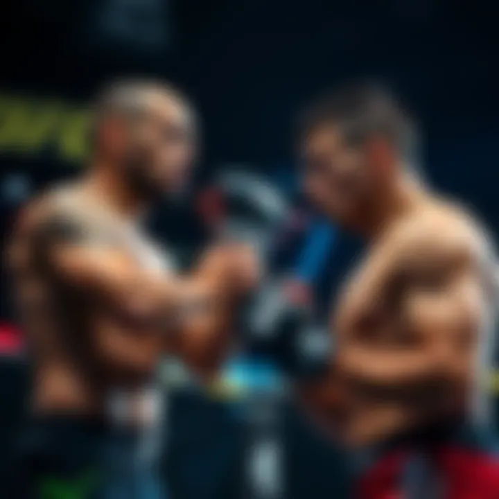 Two UFC fighters training and warming up before a big event, showcasing intense focus and determination.