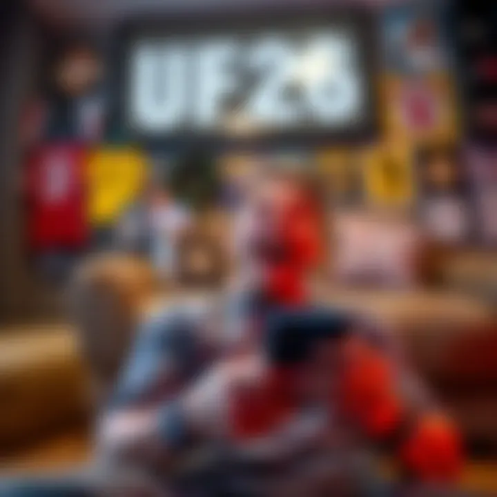 A person excitedly places a parlay bet for UFC 326 on their phone at home, with sports memorabilia in the background.