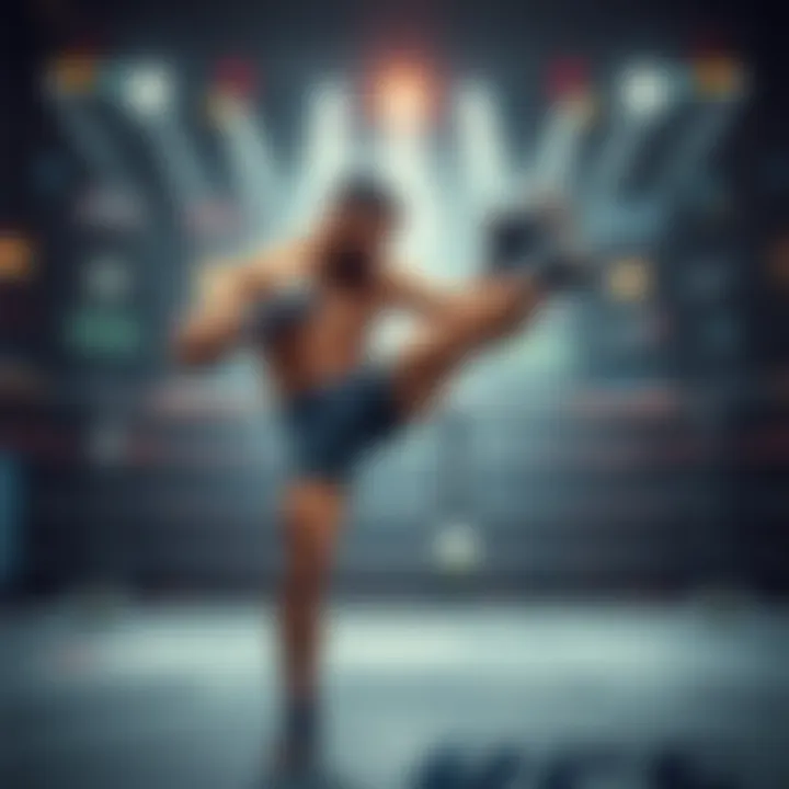 A UFC fighter showcasing a powerful kick in the octagon during a match.