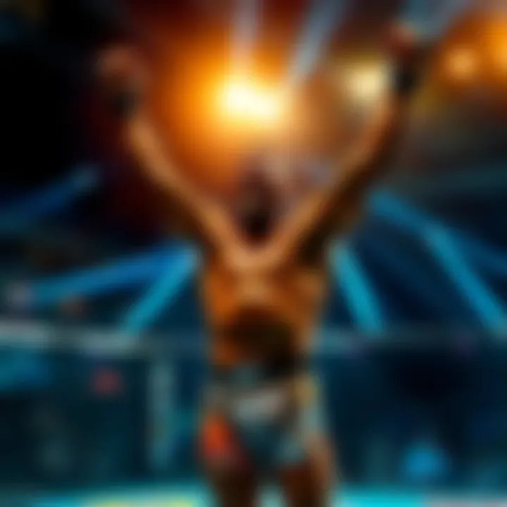 A UFC fighter celebrating a victory in the octagon with their arms raised high, showcasing excitement and pride after a hard-fought match.