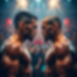 UFC Fighters Face Off Two UFC fighters standing in an intense face-off, showcasing their determination and readiness for the fight, with a vibrant audience in the background