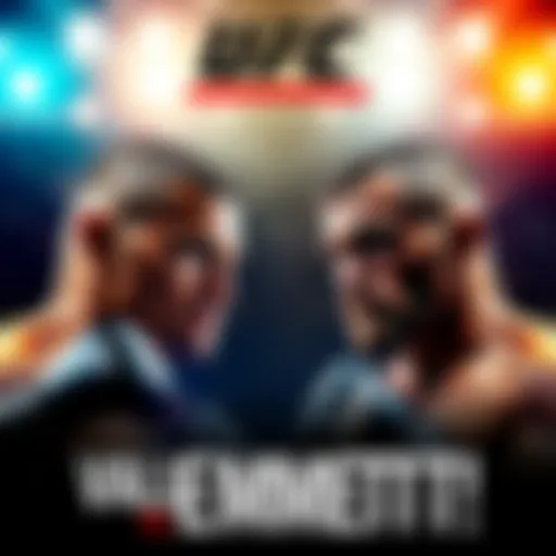 Graphic showing UFC fighters Vallejos and Emmett with betting odds and a forum background