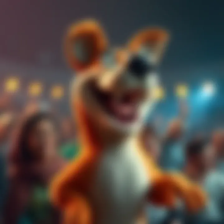 Underdog character laughing and telling jokes, entertaining a crowd with funny expressions.