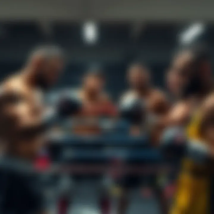 Modestas Bukaki, Ryan Spann, Muhammad Naimov, and Puna Soriano training together, showcasing determination in a gym preparing for their upcoming fight in Paris.