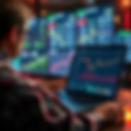 A person analyzing sports betting odds on a laptop, looking at various screens with graphs and numbers to maximize profits.