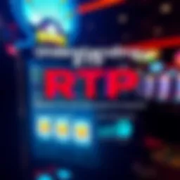 A graphic showing how RTP works in online casinos, highlighting differences between RTP and short session results, with visual elements like a slot machine and charts.