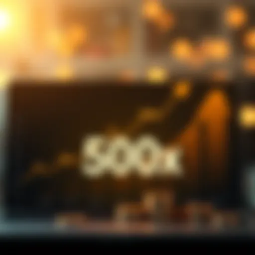 A chart showing growth in investment percentages with a focus on 500x returns, alongside currency symbols and upward arrows.