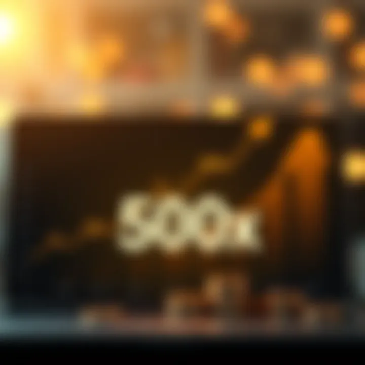 A chart showing growth in investment percentages with a focus on 500x returns, alongside currency symbols and upward arrows.