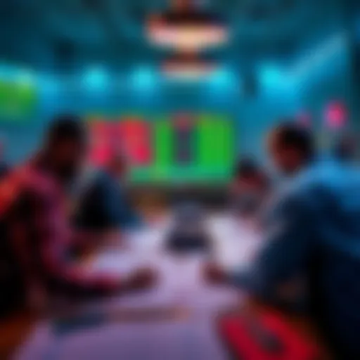 A group of sports bettors analyzing data and discussing strategies around a table with charts and odds sheets