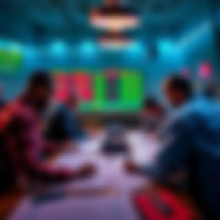 A group of sports bettors analyzing data and discussing strategies around a table with charts and odds sheets