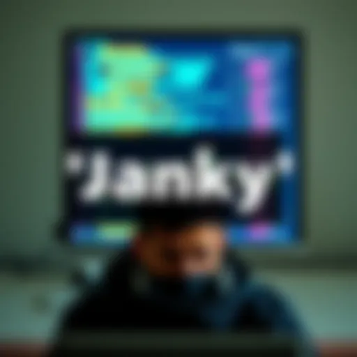 A person looking frustrated at a computer with glitchy software on the screen, representing instability and low quality in technology.