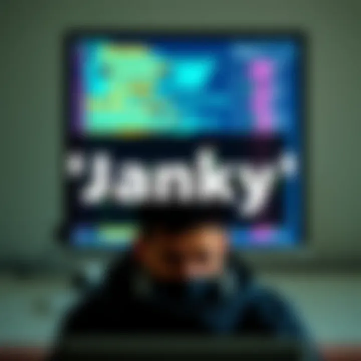 A person looking frustrated at a computer with glitchy software on the screen, representing instability and low quality in technology.