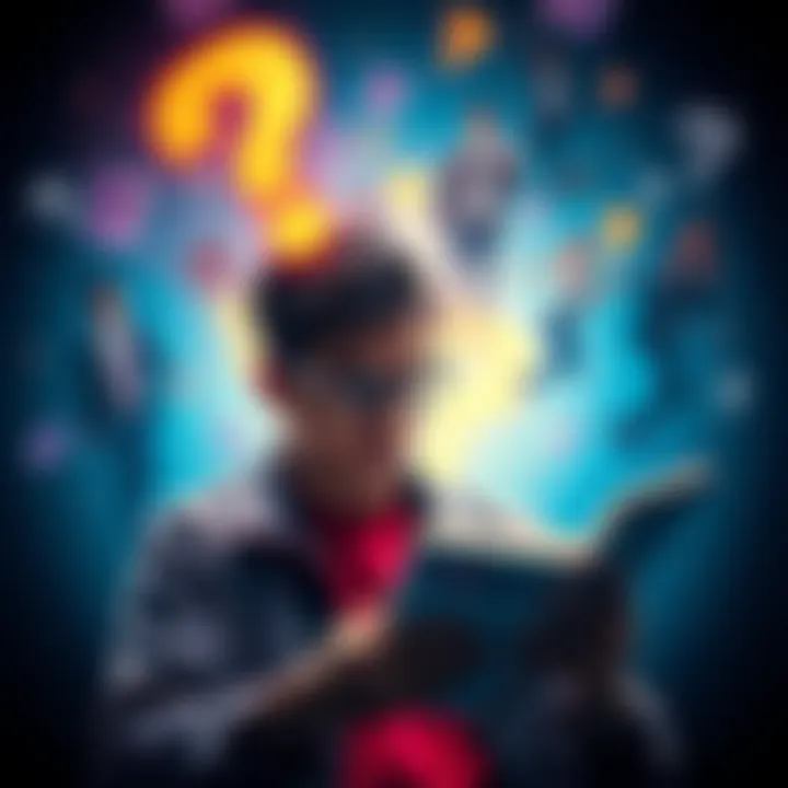 A person analyzing promotional materials with a question mark above their head, symbolizing curiosity about promotions.