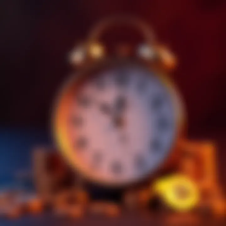 A clock with coins symbolizes the wait for rewards and the factors that influence timing.