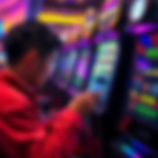 A person analyzing a slot machine at a casino while checking RTP percentages on a mobile device