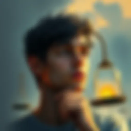 A person reflecting on truth with a thoughtful expression, surrounded by symbols of truth like a scale and a light bulb, showcasing the concept of honesty in everyday interactions.