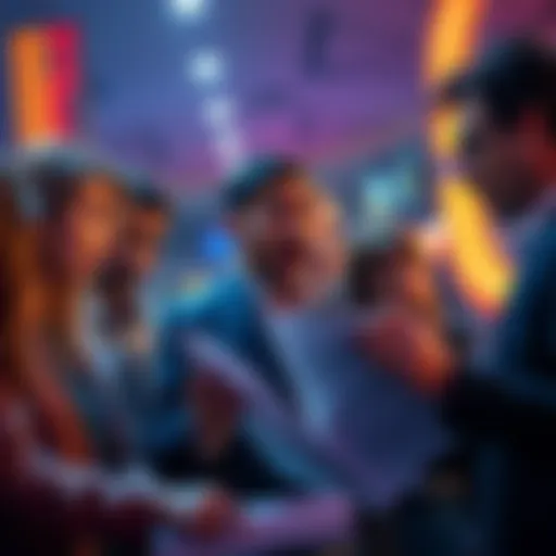 A surprised group of people discussing financial documents with raised eyebrows.