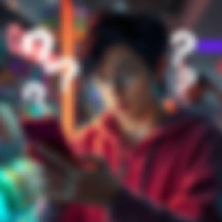 A person looking at a shopping app with a confused expression, questioning a discount offer that didn't apply, surrounded by question marks.