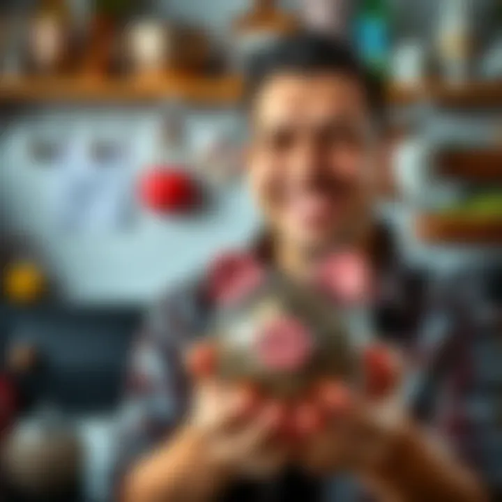 A person smiling while holding a piggy bank filled with coins, symbolizing unexpected financial savings, with a backdrop of everyday life items.