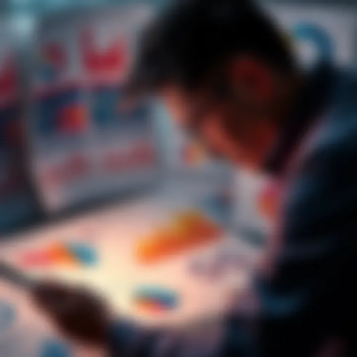 A person examining a collection of original graphs and charts, seeking information and data sources.