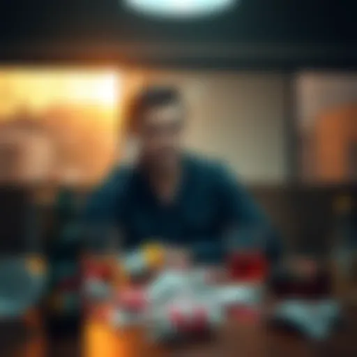 A person sitting at a table with a disappointed expression, surrounded by broken items and spilled drinks, symbolizing bad luck.