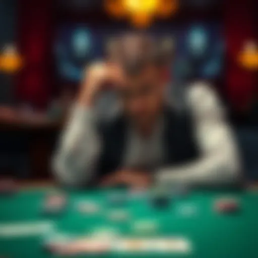 A frustrated poker player sitting at a table with cards and chips, showing signs of disappointment