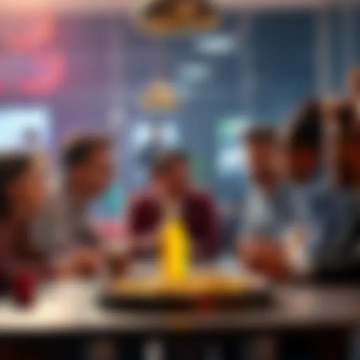 A group of people discussing unique betting bonuses at a table, with expressions of curiosity and excitement.