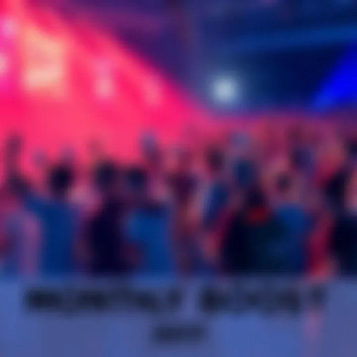 A group of excited fans eagerly waiting for the announcement of the next Monthly Boost launch date, surrounded by colorful posters and banners.