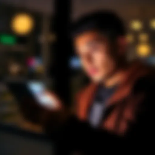 Person reading news about A on a digital device with a thoughtful expression.