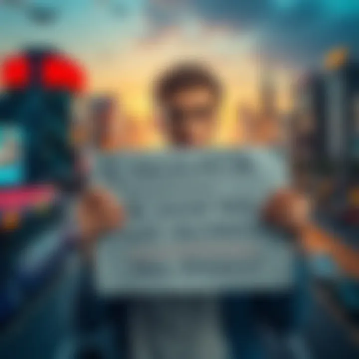 A person looking worried while holding a sign asking for help to recover lost investments, with a city background