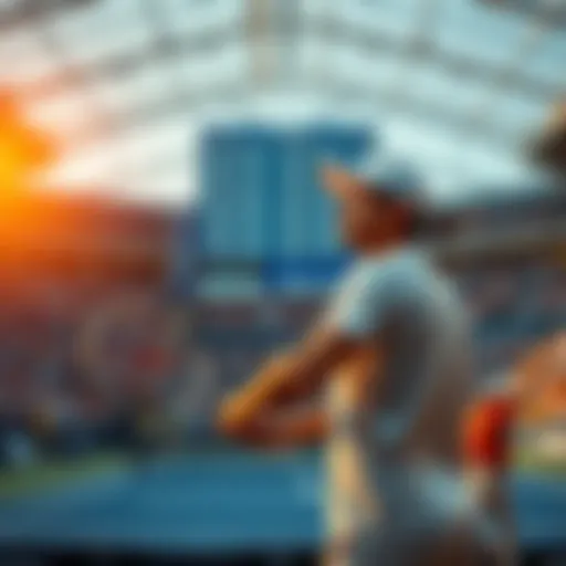A tennis player preparing to serve during a match at the US Open with betting odds displayed in the background