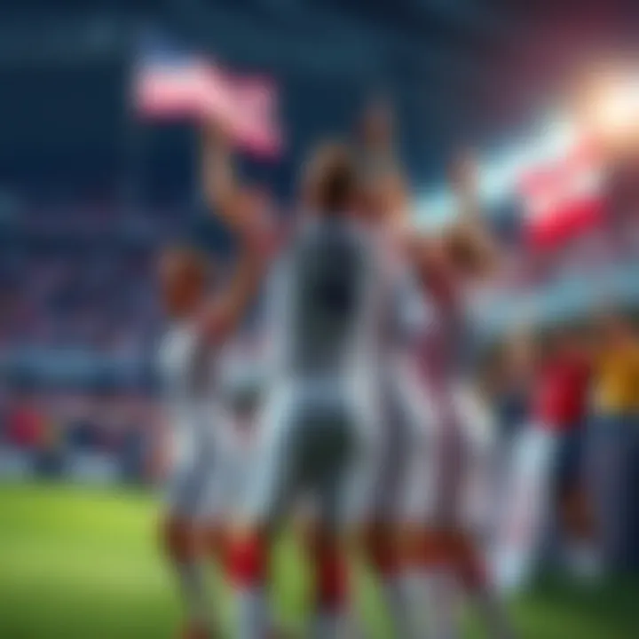 The USA soccer team celebrating a goal during a match with fans cheering in the background