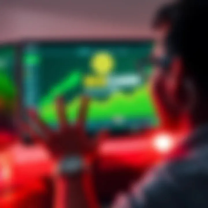 A person excitedly viewing earnings on a computer screen with BIGCASH logo, showing graphs and cash rewards, representing easy money-making opportunities.