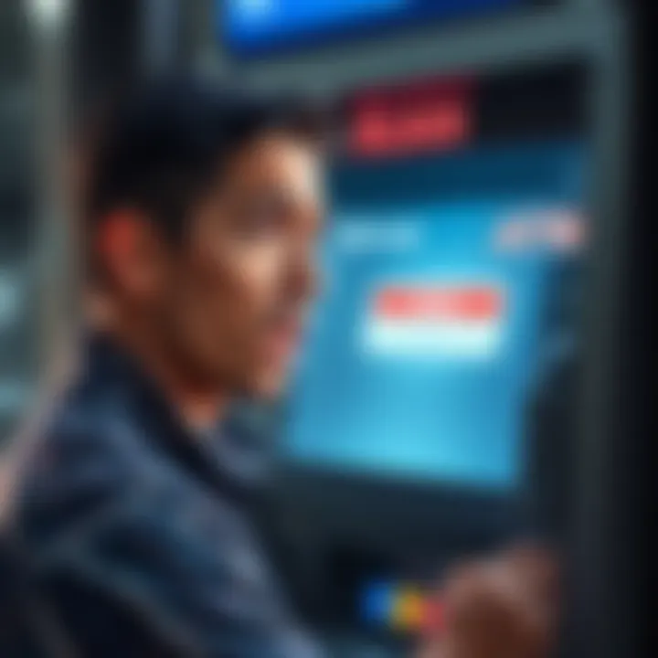 A person looks worried while trying to withdraw cash from an ATM, showing a failed transaction message on the screen.